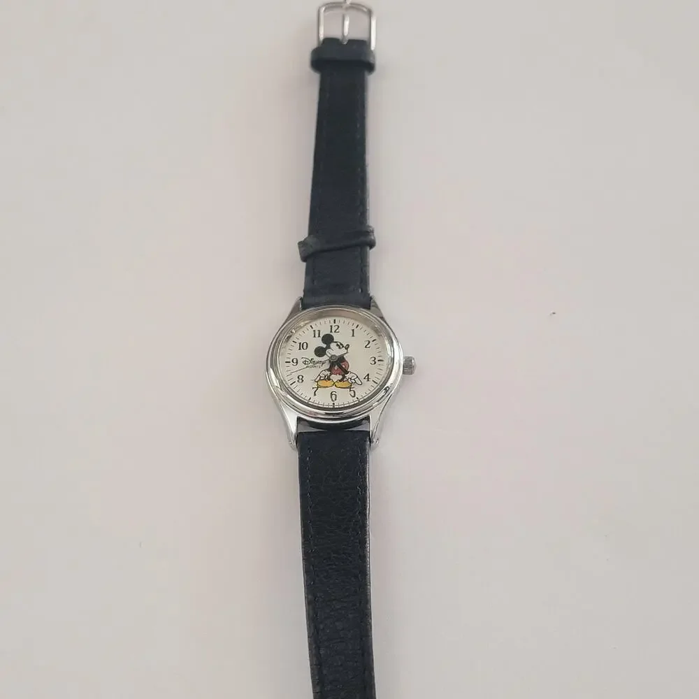 Disney Womens Watch White Dial Silver Case Black Leather Strap Quartz Analog